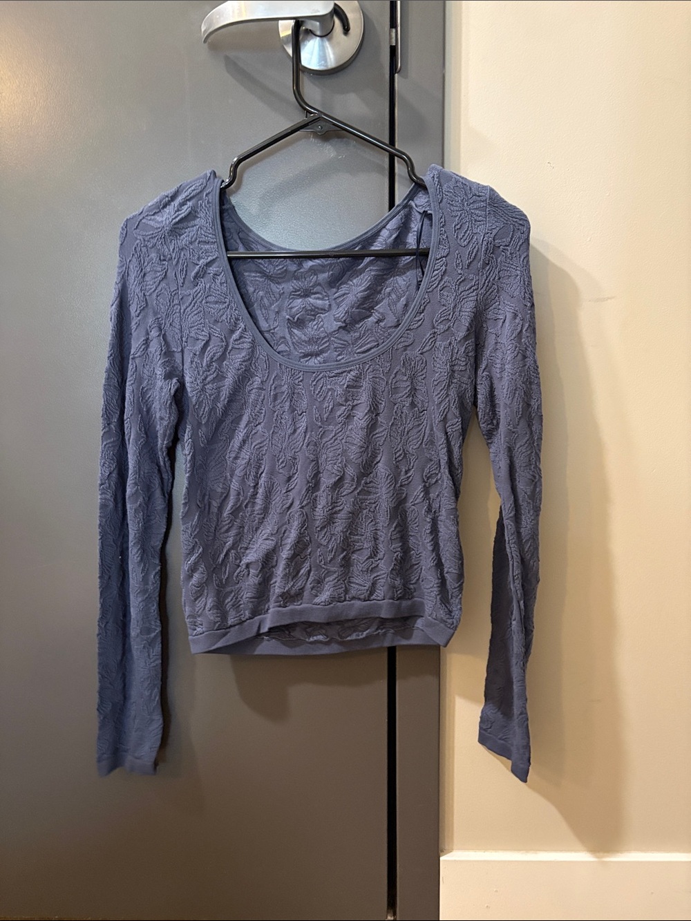 Soft Textured Scoop Neck Long Sleeve Top - Dusty Blue